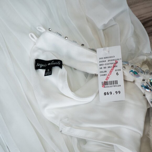 Sequin Hearts White Formal Dress Iridescent Jewels at Neckline & Uneven Skirt - Picture 4 of 9